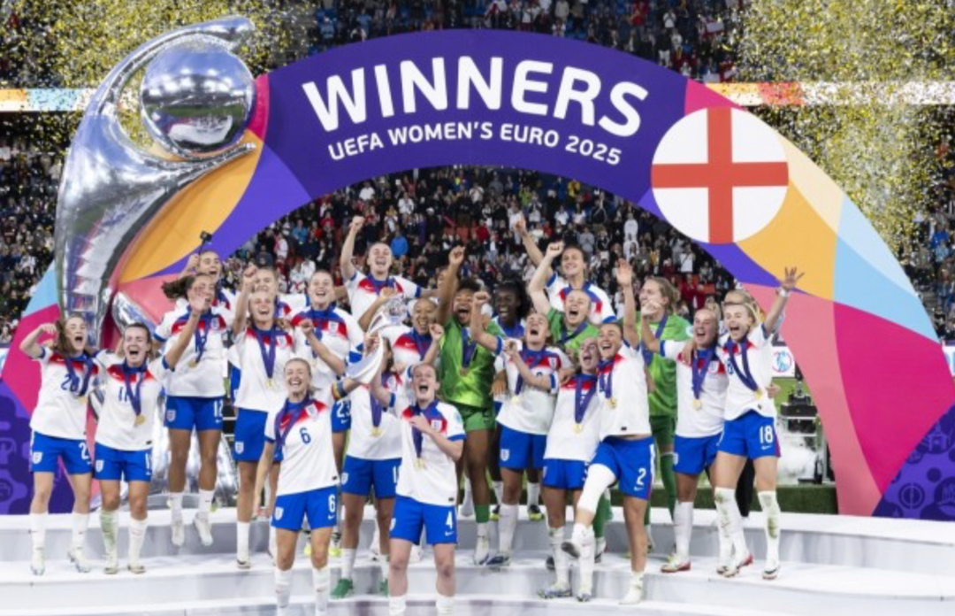 Winners of UEFA Women’s Euro 2025 celebrating; part of Womens Football Trading Cards and Sticker Collections.
