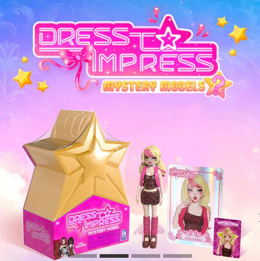 Dress to Impress Dolls and Collectable Fashion Toys - Mystery Models packaging with doll and accessories.