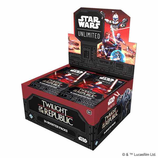 Star Wars Unlimited Twilight of the Republic booster pack display featuring 24 individually wrapped packs for trading card game.