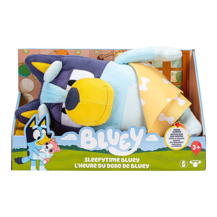 Bluey S11 Sound Effects Plush Sleepytime Bluey V2 in packaging, featuring soft blanket and multilingual sound features.