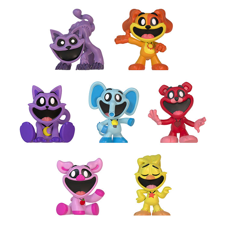 Poppy Playtime Series 4 Smiling Critters Mystery Minifigures featuring colorful critters in various poses.