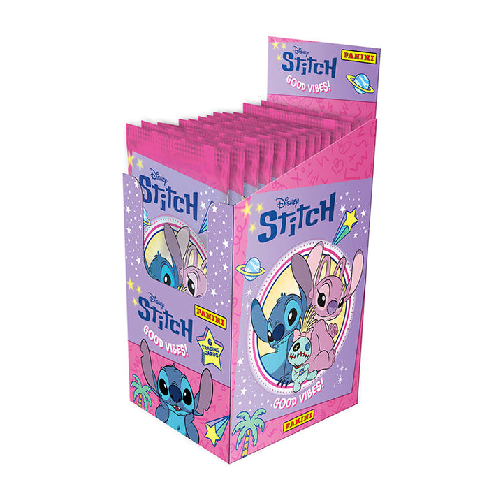 Stitch Good Vibes trading cards display box featuring Stitch, Angel, and Lilo by Panini.