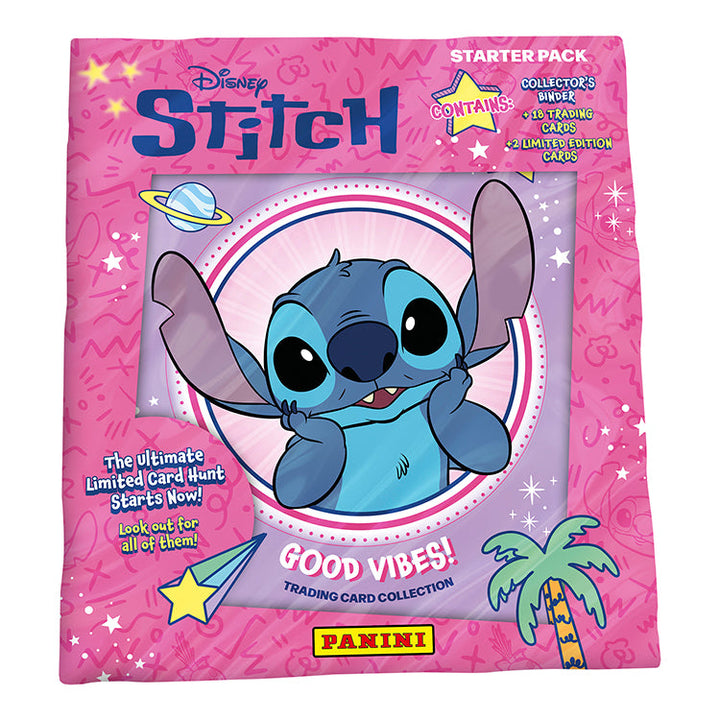 Stitch Good Vibes trading cards starter pack featuring Stitch on pink background by Panini.