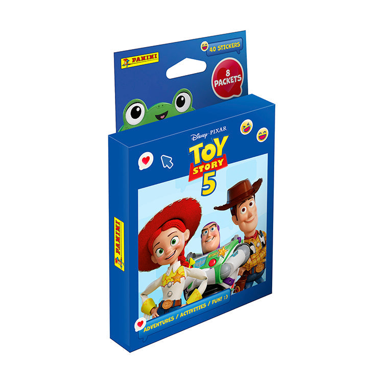 Toy Story 5 sticker collection display featuring Woody, Buzz, and Jessie on the packaging.