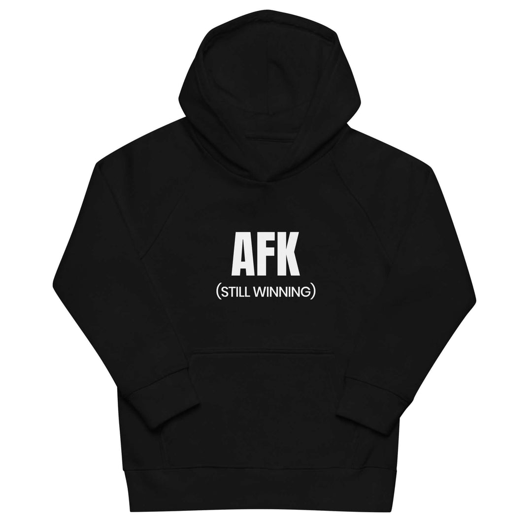 Eco-friendly kids hoodie in black featuring "AFK (STILL WINNING)" design for stylish and comfortable wear.