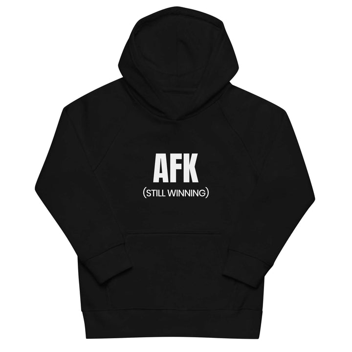 Eco-friendly kids hoodie in black featuring "AFK (STILL WINNING)" design for stylish and comfortable wear.