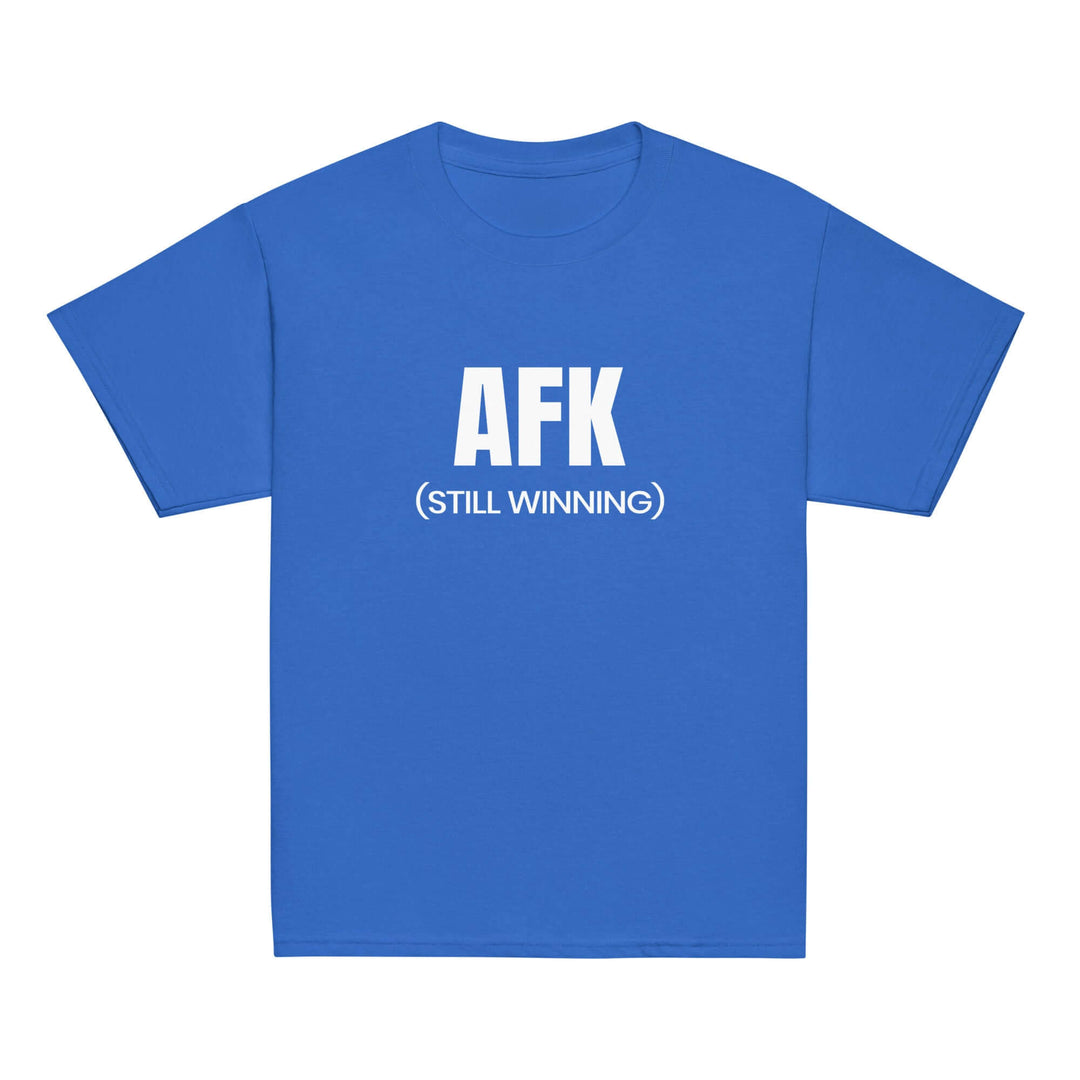 AFK Youth classic tee in blue color featuring bold text "AFK (STILL WINNING)" for kids&