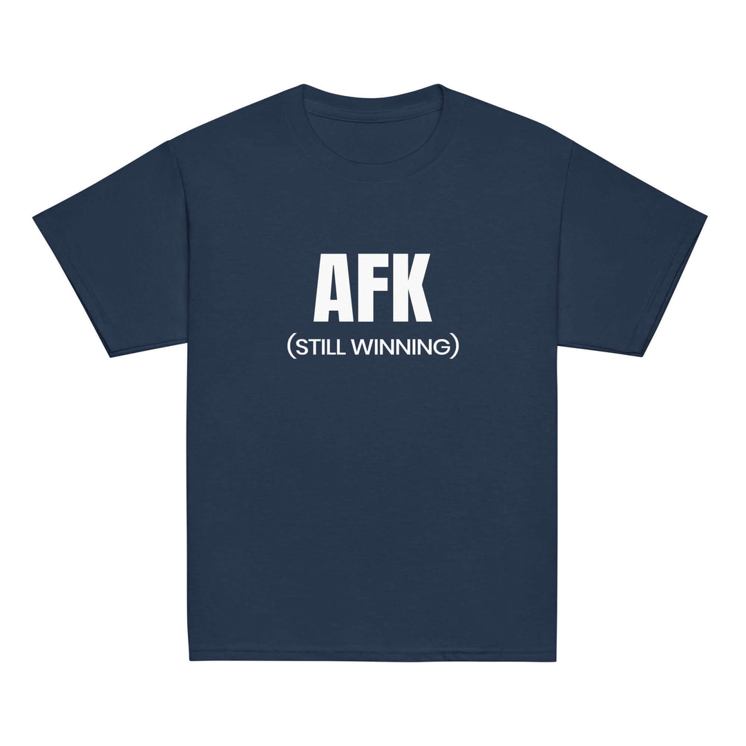 AFK Youth classic tee in navy featuring text AFK (STILL WINNING), perfect for stylish kids.