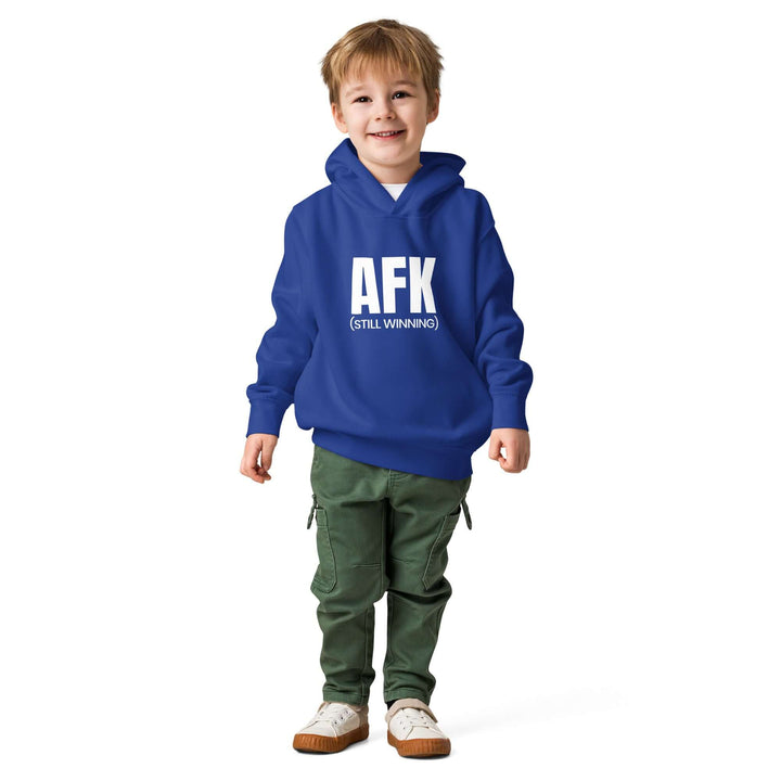 AFK Toddler fleece pullover hoodie worn by a happy young boy in a blue color with casual green pants.