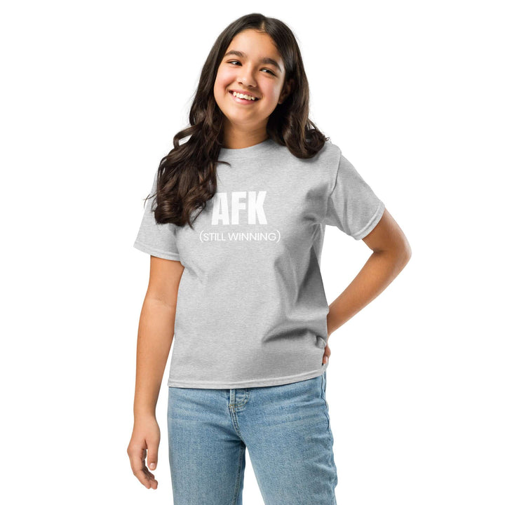 Girl wearing AFK Youth classic tee in Sport Grey, featuring a fun design saying &