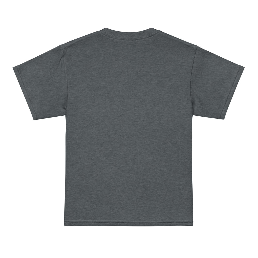 Back view of AFK Youth t-shirt in grey color, made of moisture-wicking fabric for comfort and active wear.