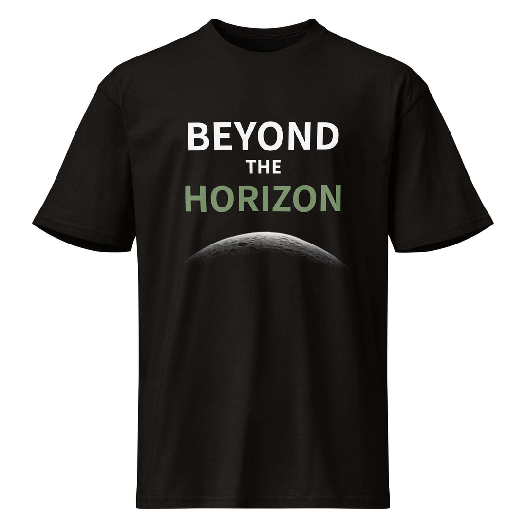 Beyond the Horizon Cotton Heritage premium short sleeve t-shirt for men in black with graphic design.