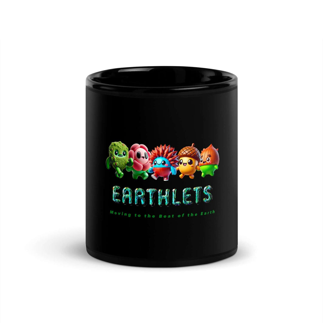 Earthlets black glossy mug featuring colorful cartoon characters and the text 'Moving to the Beat of the Earth'.