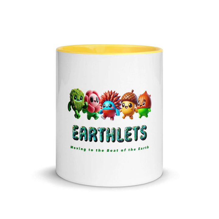 Earthlets mug featuring colorful characters with a yellow interior, promoting eco-awareness and creativity.