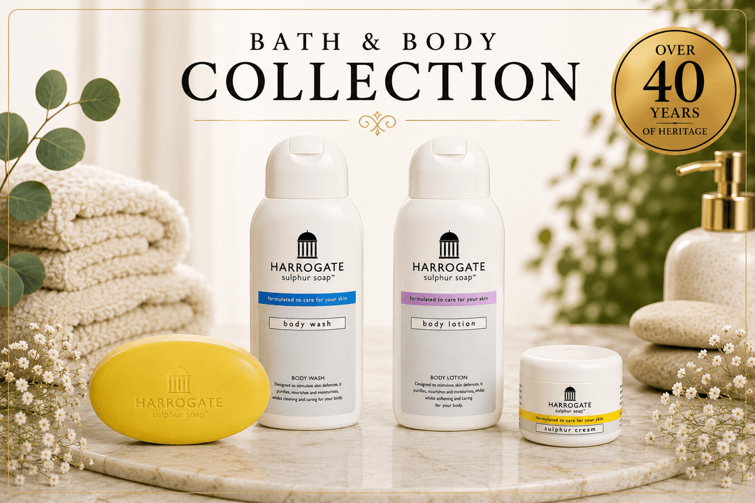 Bath &amp; Body Collection featuring sulphur skincare collection products like body wash, lotion, cream, and soap.