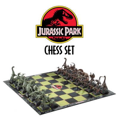 Jurassic Park Chess Set featuring dinosaur pieces on a branded chessboard.