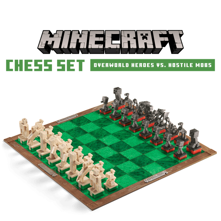 Minecraft Chess Set Overworld Heroes vs Hostile Mobs displayed on a textured green chessboard with themed pieces.