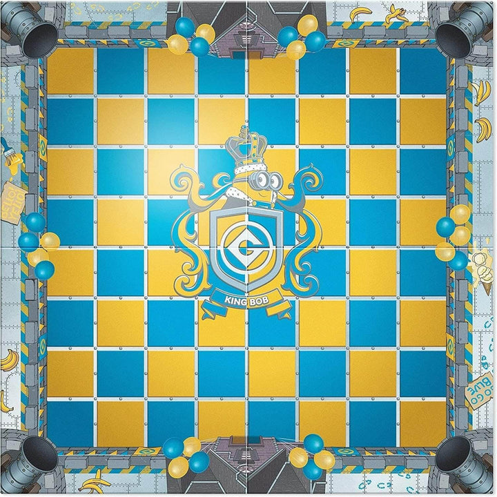 Minions Medieval Mayhem Chess Set Despicable Me game board featuring King Bob design with blue and yellow squares.