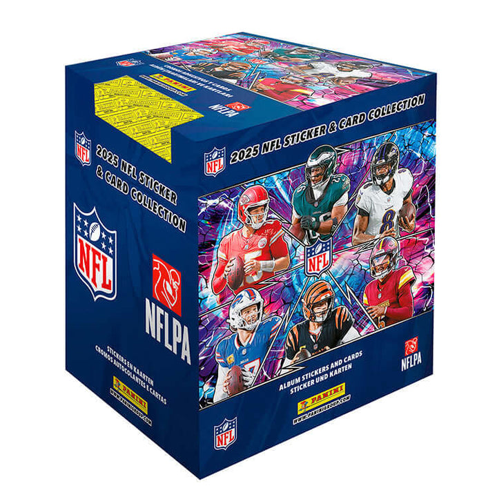 NFL 2025 Sticker & Trading Card Collection box featuring album stickers and cards with NFL players.