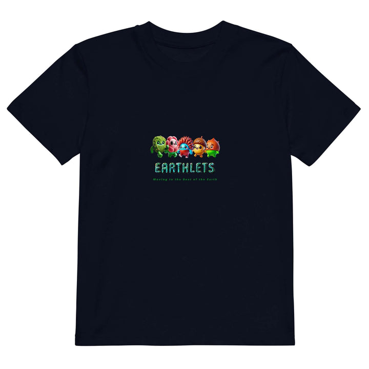 Earthlets organic cotton kids t-shirt featuring colorful characters and eco-friendly design.
