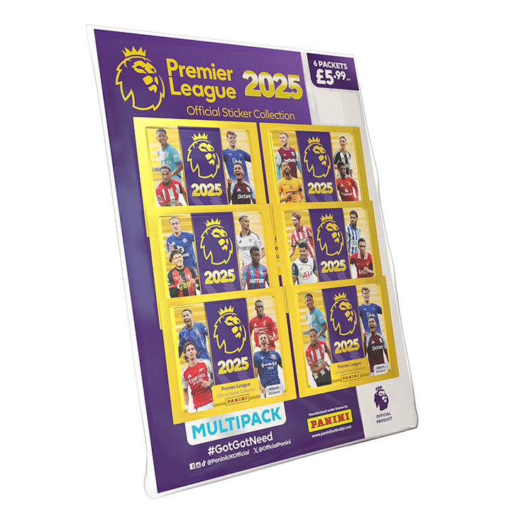 Premier League 2025 Official Sticker Collection multipack showcasing 6 sticker packets for fans and collectors.