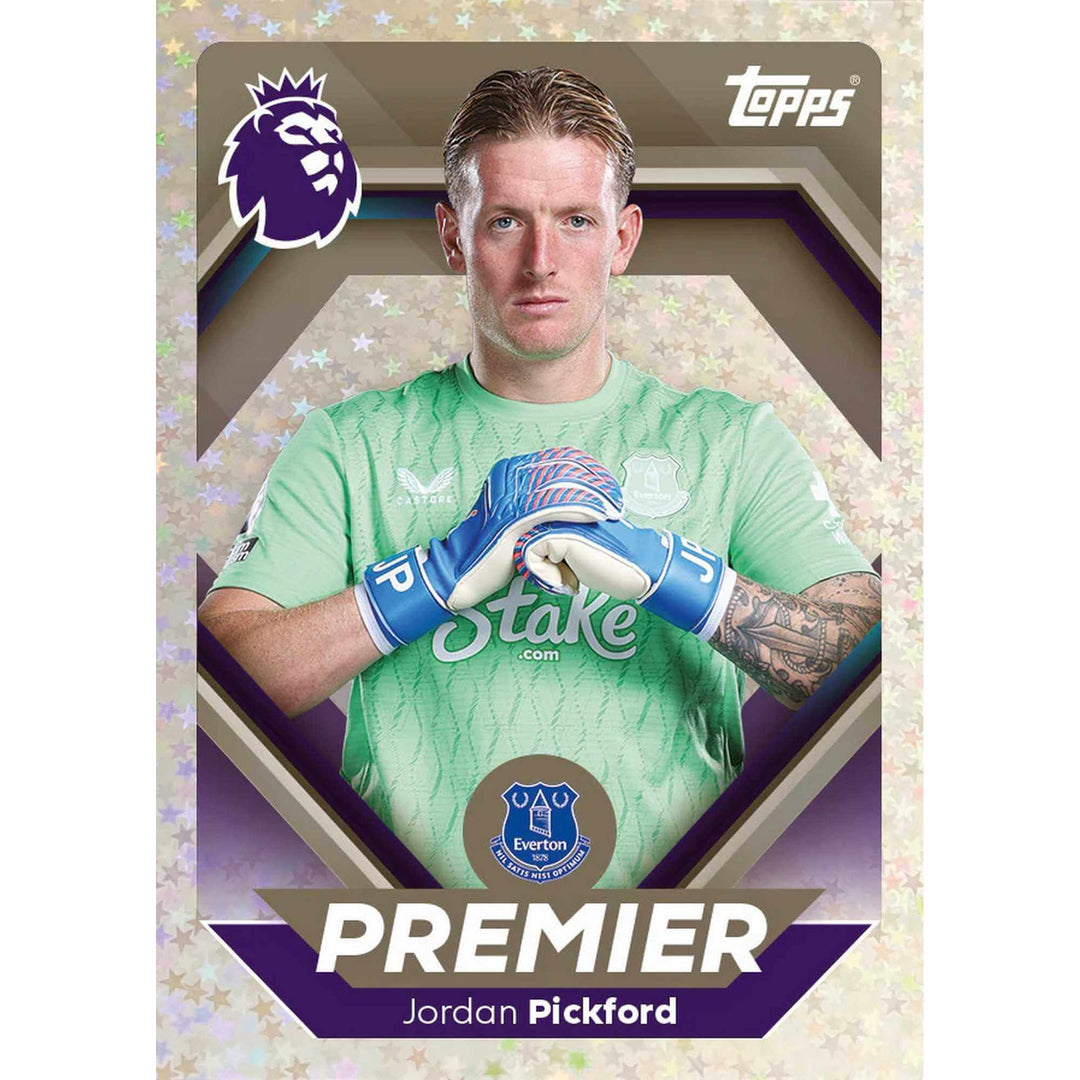 Premier League 2026 Stickers Multipack featuring Jordan Pickford in Everton kit with gloves.