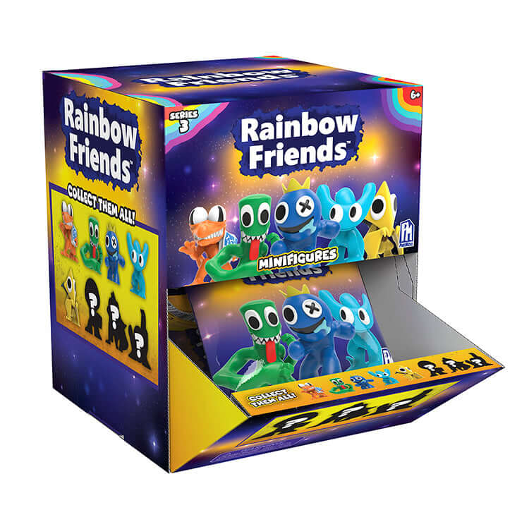 Rainbow Friends Series 3 Minifigures box featuring colorful characters and collectible fun.