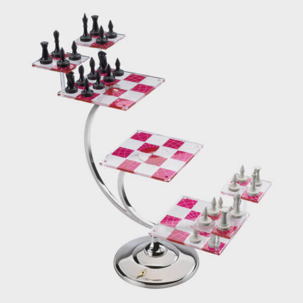 Star Trek Tri-Dimensional Chess Set featuring an elegant design with interconnected acrylic boards displaying pieces.