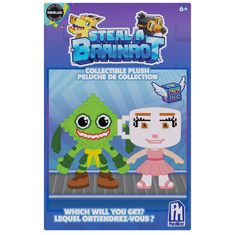 Steal A Brainrot 4" Collectible Plush featuring characters from the Roblox game in colorful packaging.