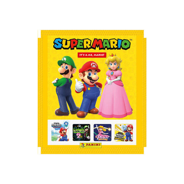 Super Mario It's a Me Mario Sticker Collection featuring Mario, Luigi, and Princess Peach on a colorful background.