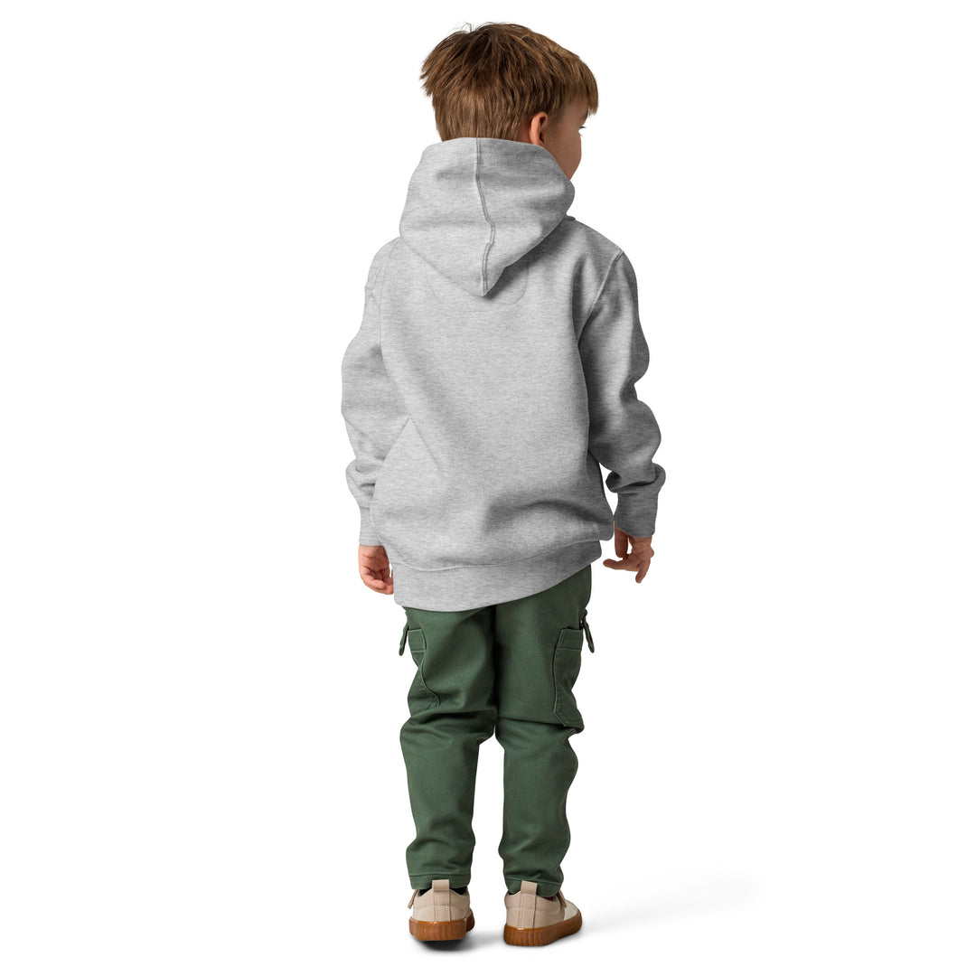 Child wearing an Oddy Pro Toddler fleece pullover hoodie in gray with cargo pants.
