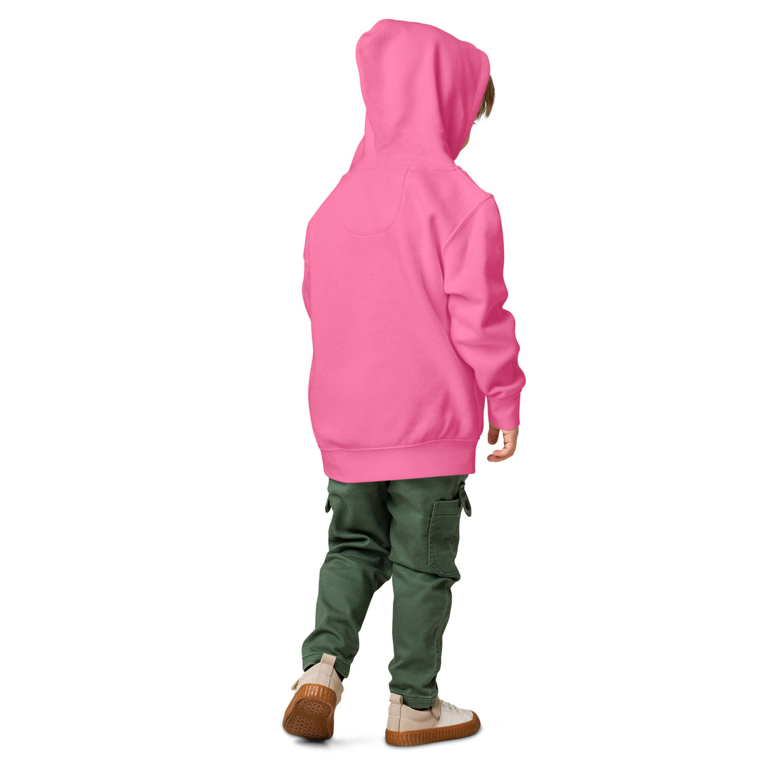 Oddy Pro Toddler fleece pullover hoodie worn by a child facing away, showcasing its bright pink color and relaxed fit.