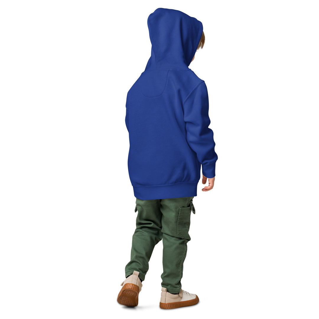 XP Grinder Toddler fleece pullover hoodie in blue, showing the back of a child wearing it.