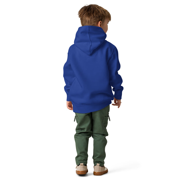 XP Grinder Toddler fleece pullover hoodie in blue worn by a child from the back, showing a relaxed fit and comfortable design.