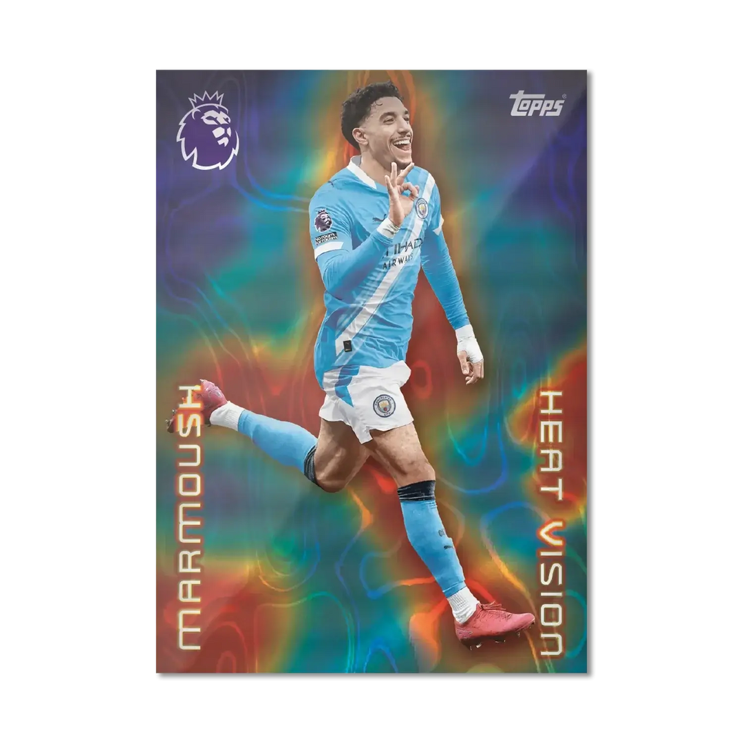 Topps Premier League 2026 trading card featuring Marmoush in Heat Vision style with vibrant colors.