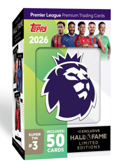 Premier League 2026 Super Tin with 50 cards and 3 exclusive Hall of Fame limited edition cards by Topps.