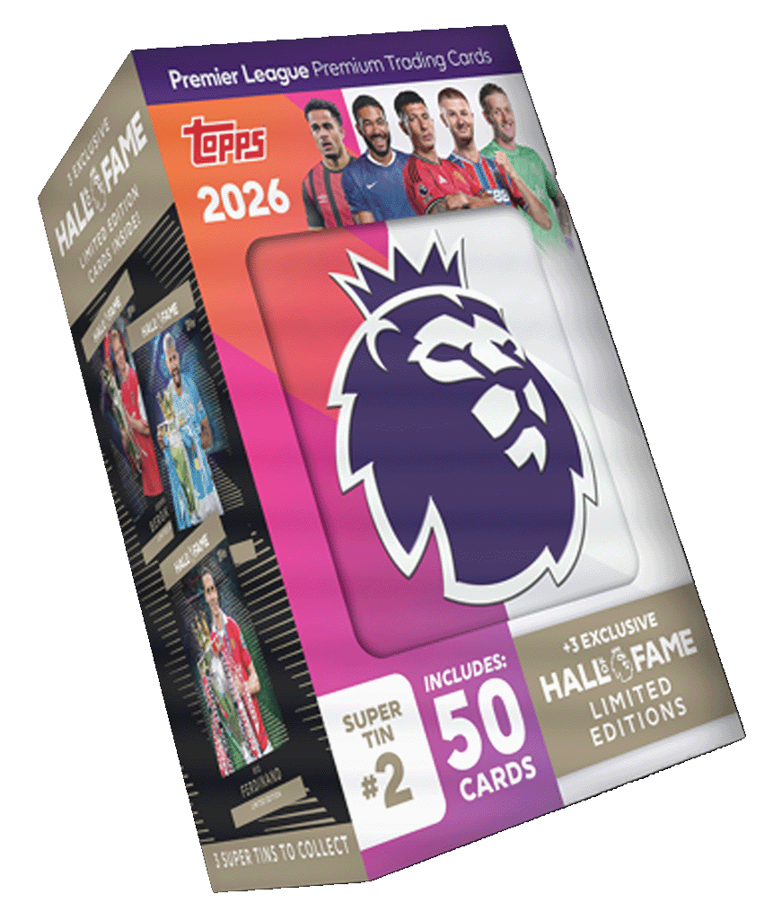 Premier League 2026 Super Tin by Topps featuring 50 cards and exclusive Hall of Fame LE cards.