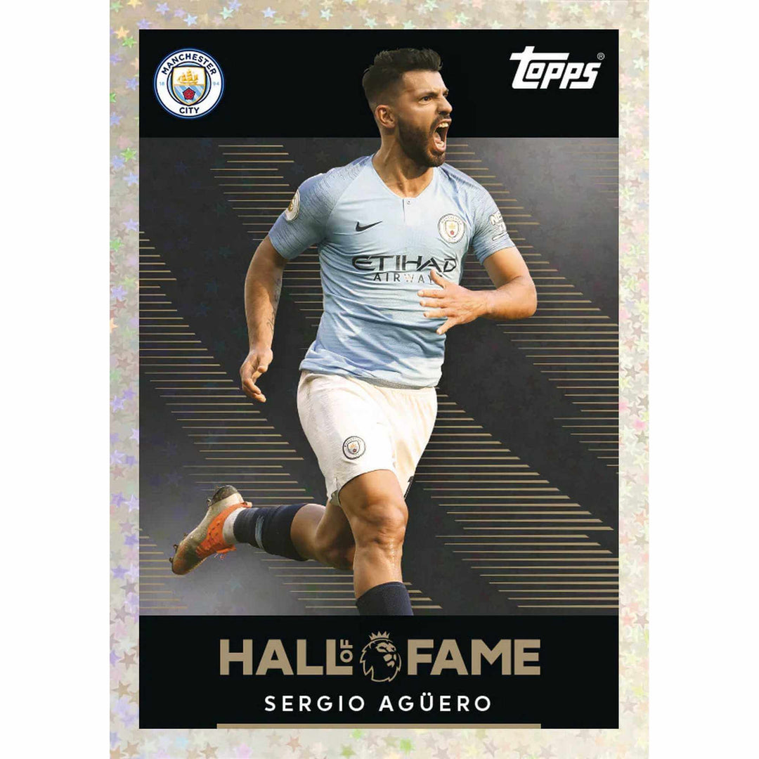 Premier League 2026 Stickers Mega Pack featuring Sergio Agüero Hall of Fame card from Topps.