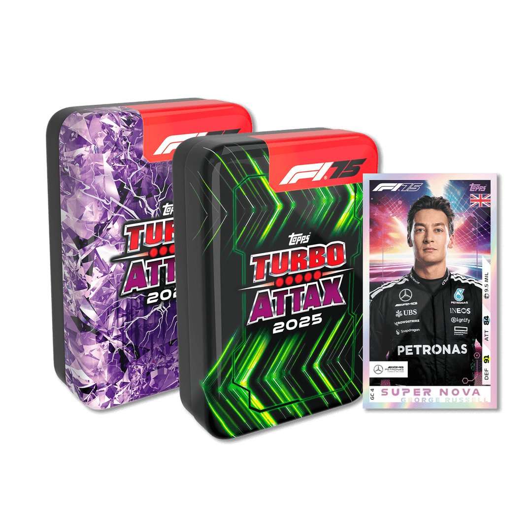 Turbo Attax 2025 F1 trading card collection featuring vibrant collectible tins and a Super Nova card.