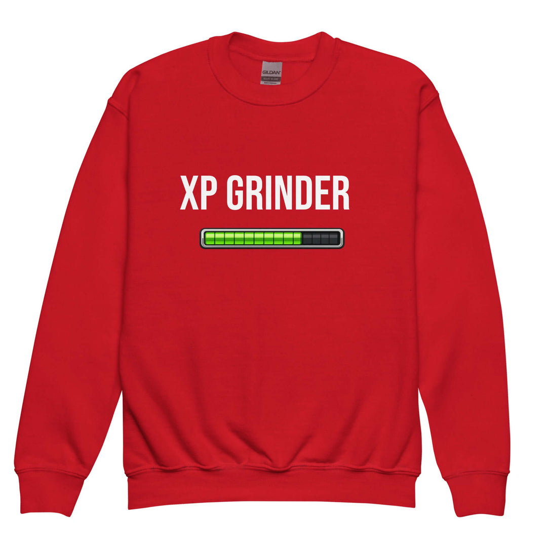 XP Grinder Youth crewneck sweatshirt in red with graphic design and loading bar