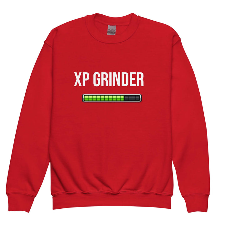 XP Grinder Youth crewneck sweatshirt in red with graphic design and loading bar