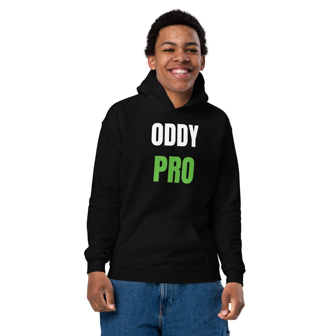 Oddy Pro Youth heavy blend hoodie worn by a smiling child, showcasing comfort and style.