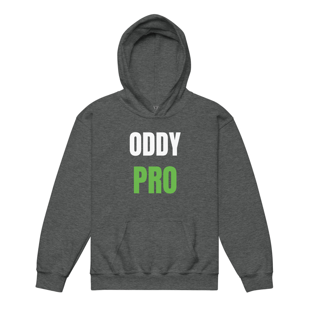 Oddy Pro Youth heavy blend hoodie in dark grey with bold white and green lettering, front view.