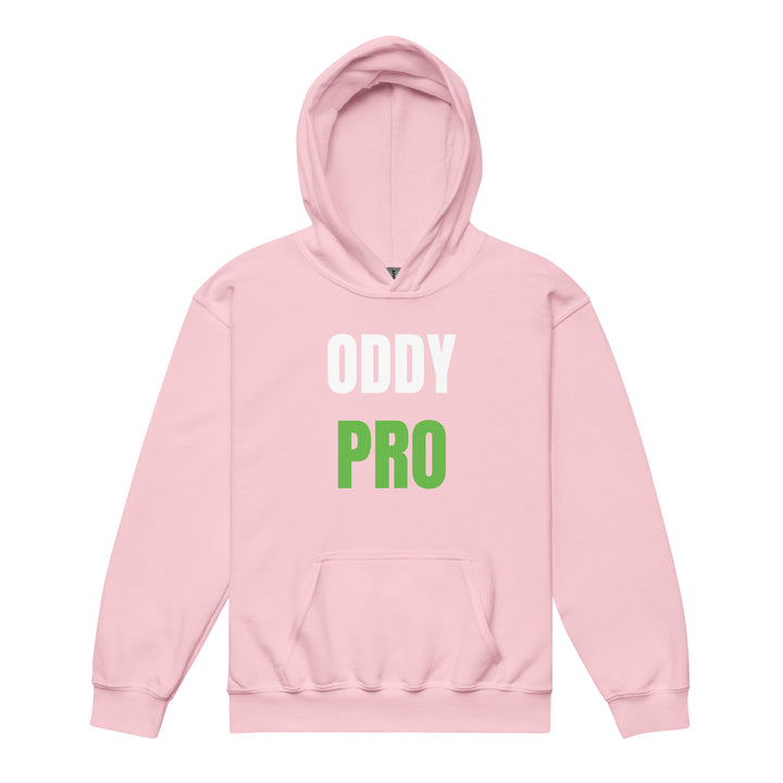 Oddy Pro Youth heavy blend hoodie in pink with bold white and green lettering