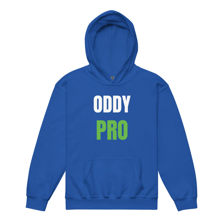 Oddy Pro Youth heavy blend hoodie in vibrant blue with front pocket, perfect for active kids.