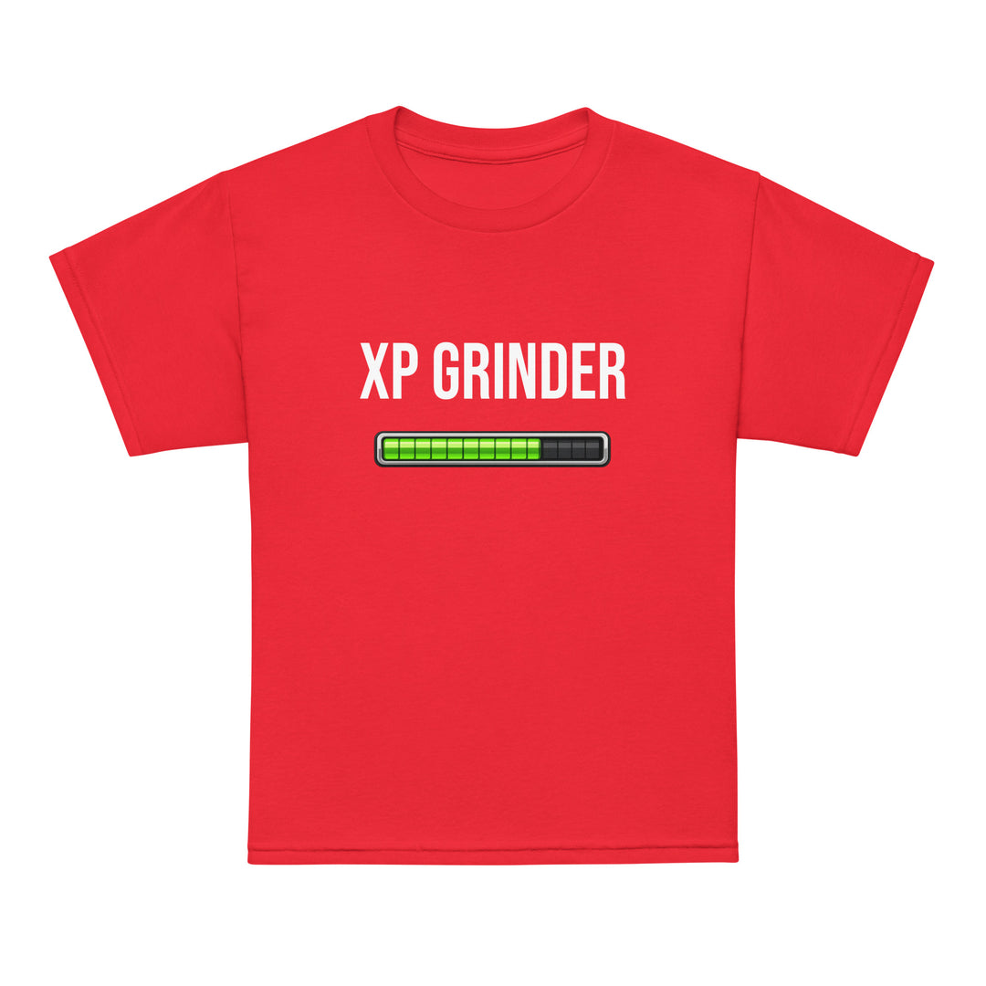 XP Grinder Youth t-shirt in red with progress bar graphic for kids' active wear.